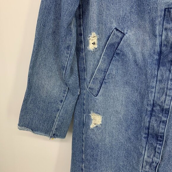 Zara Trench Coat Blue Distressed Denim Button Snap Fray Jacket - Picture 6 of 14